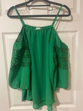 Charming Charlie Emerald Green Cold-Shoulder Lace Sleeve Blouse